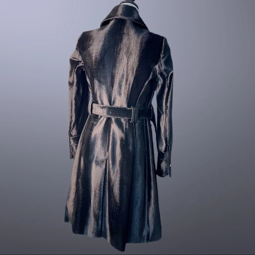 Karen Millen Black Glossy Faux Fur Trench Coat Silver Belted Lined Mob Wife - Picture 5 of 17
